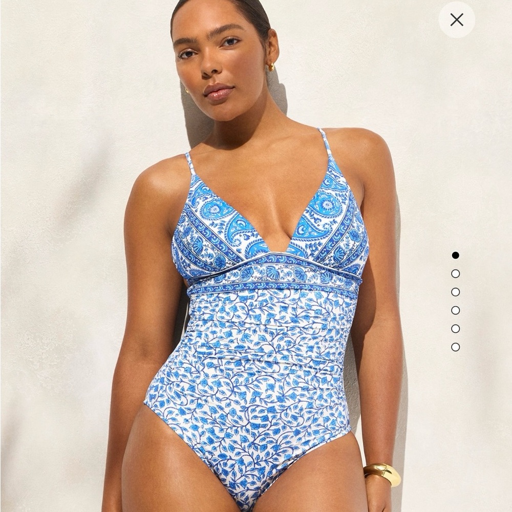 J. Crew Blue and White One Piece Swimsuit with Geometric Floral Design